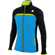 разминочная куртка Sportful Engadin Wind Jacket чёрно-голубая с лимонными вставками